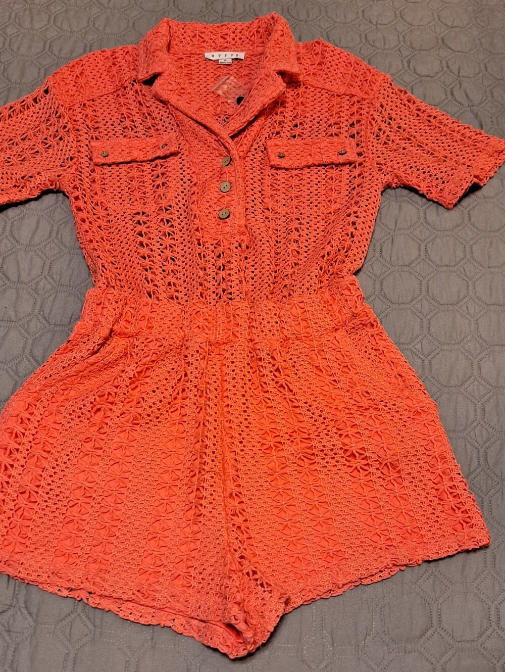 NYDJ Crochet One-Piece Romper in Coral Orange Sz S